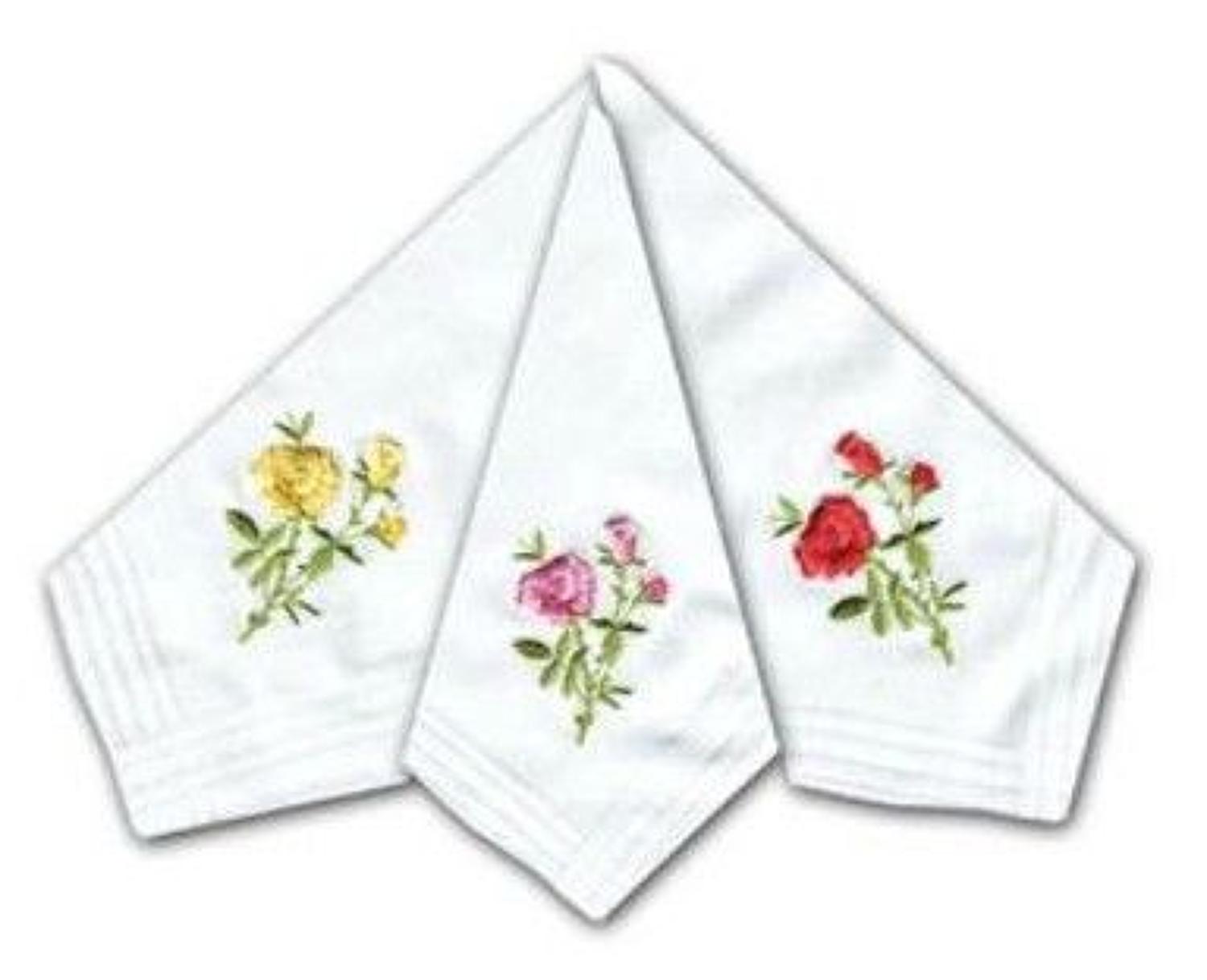 Ladies Rose Embroidered Cotton Handkerchiefs