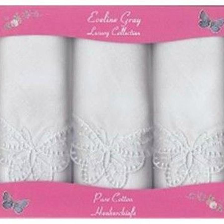 3 Pack Ladies White Butterfly Lace Corner Handkerchiefs