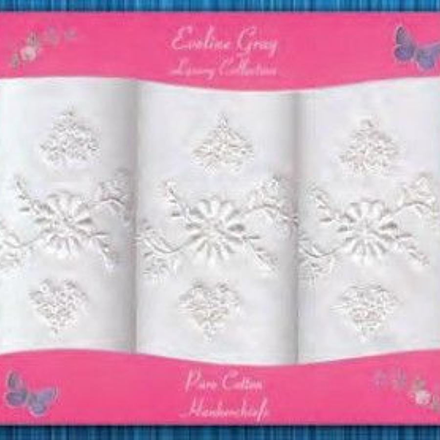 3 Pack Ladies White Embroidered Handkerchiefs