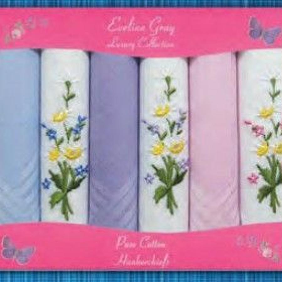 6 Pack Ladies Embroidered and Dyed Handkerchiefs