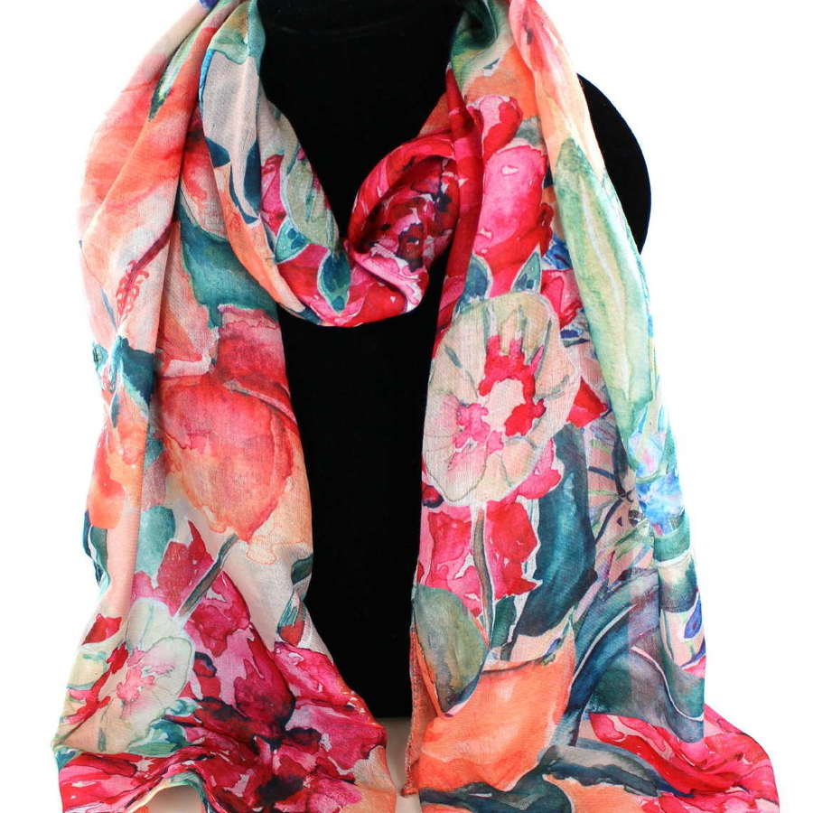 Mixed colour floral print Recycled Polyester scarf.