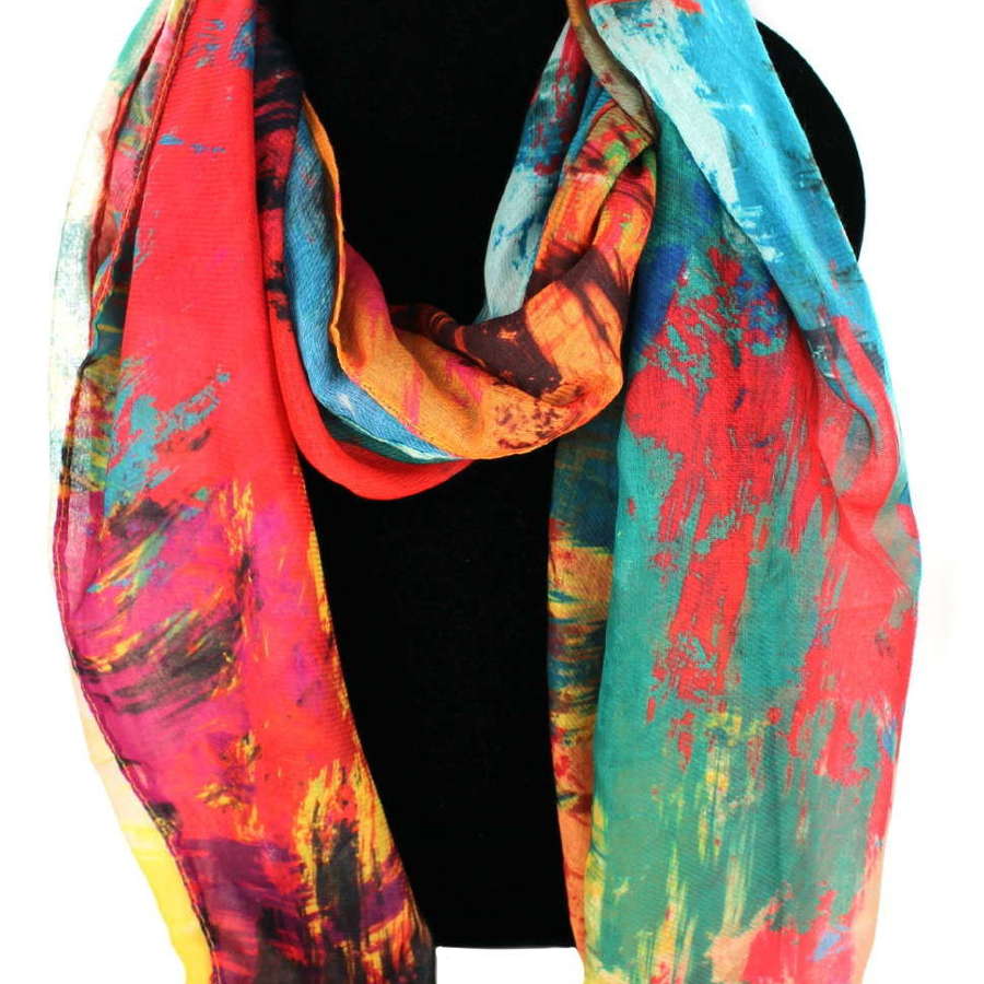 Brightly coloured abstract recycled Polyester scarf.