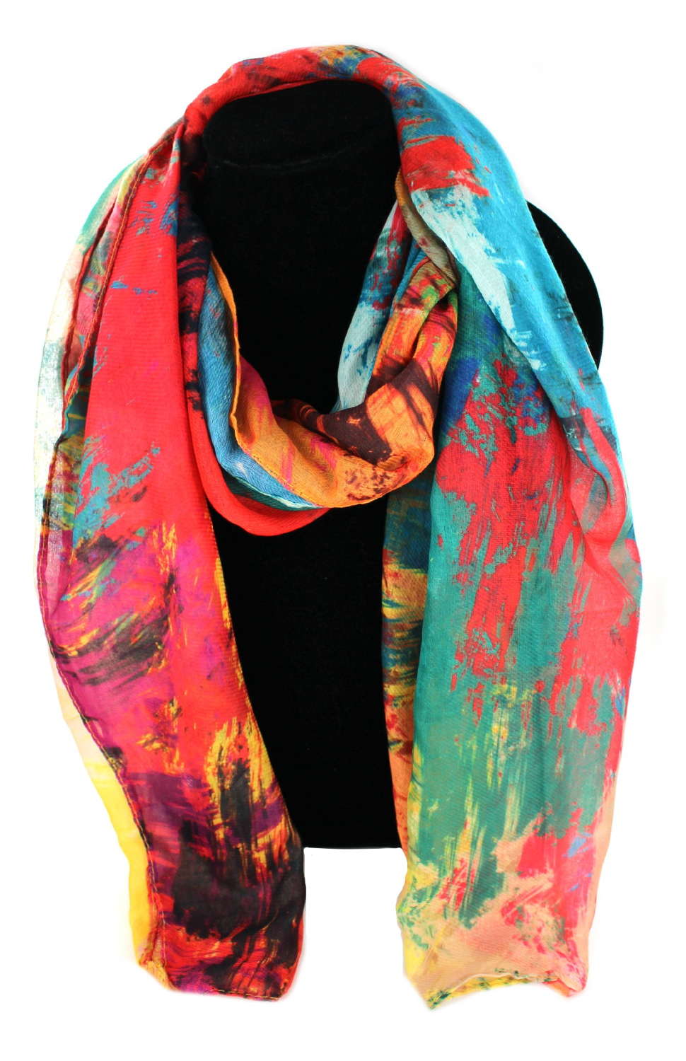 Brightly coloured abstract recycled Polyester scarf.