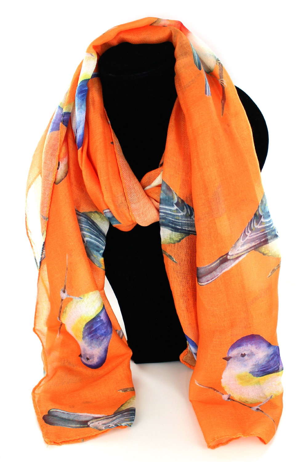 Bright orange bird print recycled Polyester scarf.