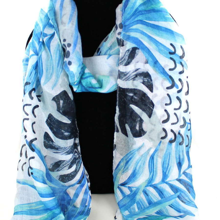 Tropical leaf print recycled Polyester scarf.