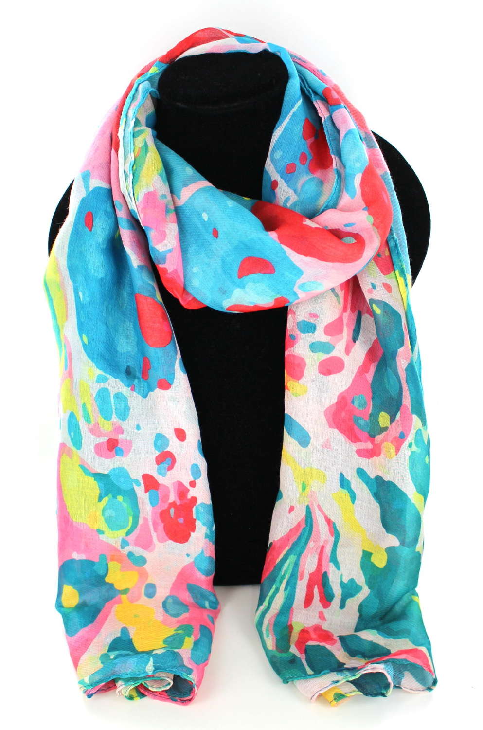 Brightly coloured abstract pattern recycled Polyester scarf.