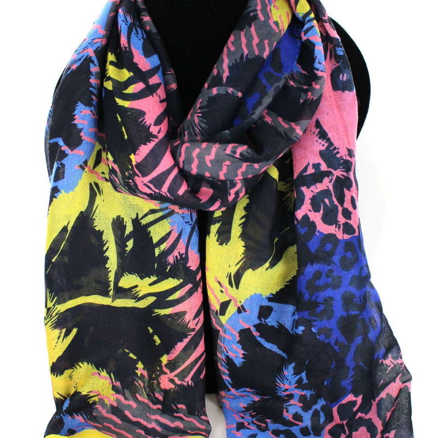 Mixed animal print scenic colourful recycled Polyester scarf.