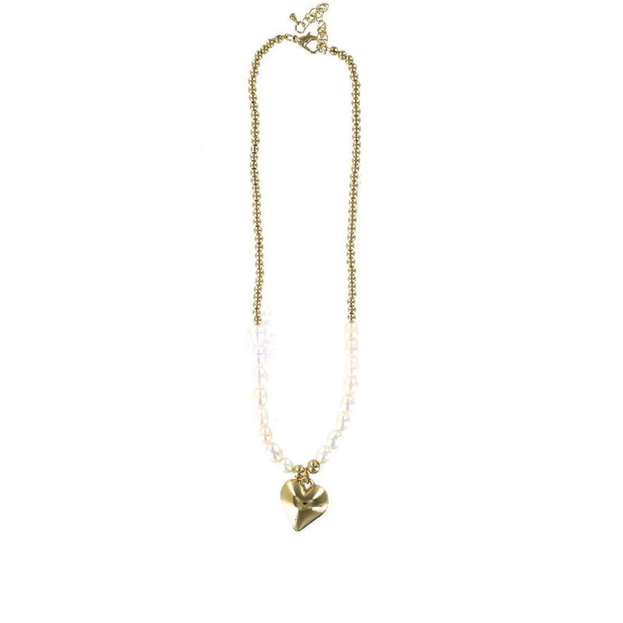 Gold tone metal chain and fresh water pearl heart drop necklace.
