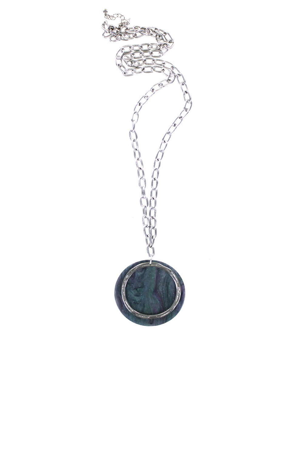 Necklace with Galaxy effect pendant detail.