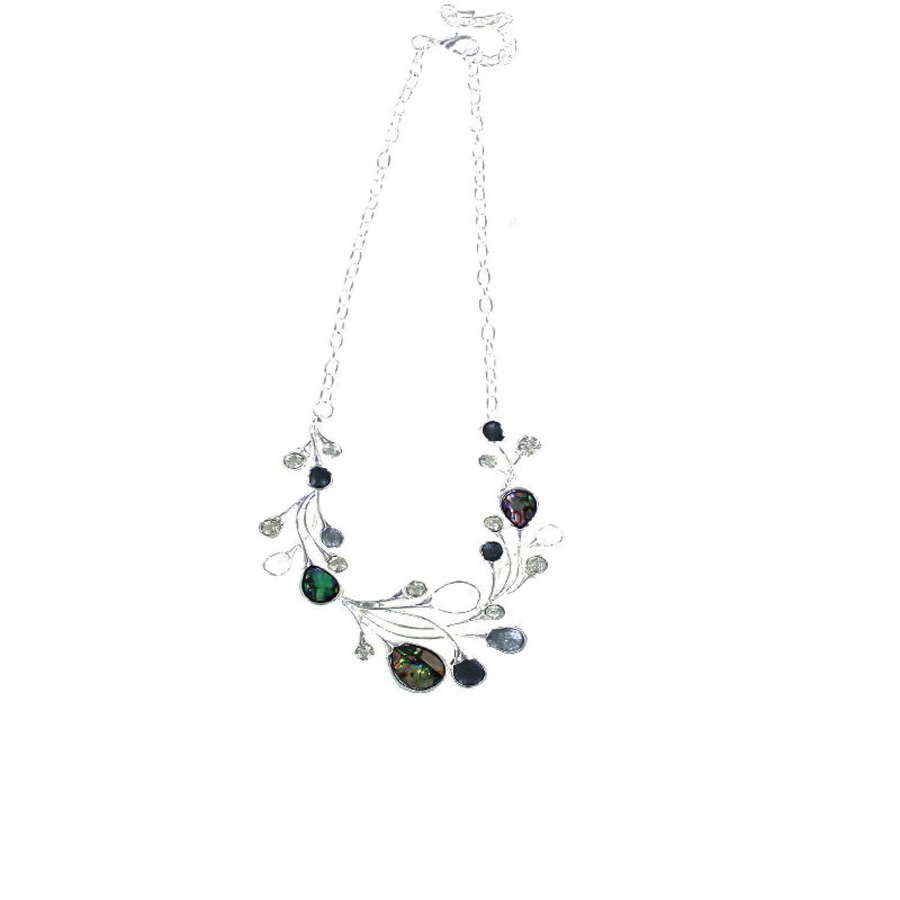 Abalone and diamante necklace on silver tone chain.