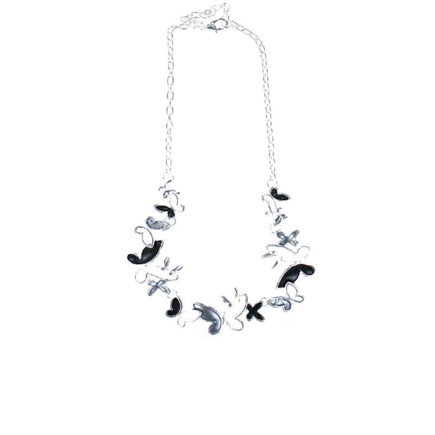 Butterfly enamel necklace on silver tone chain.