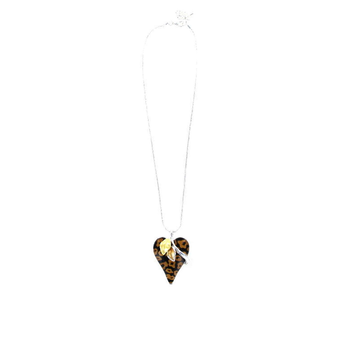 Animal print heart pendant necklace with enamel accents.