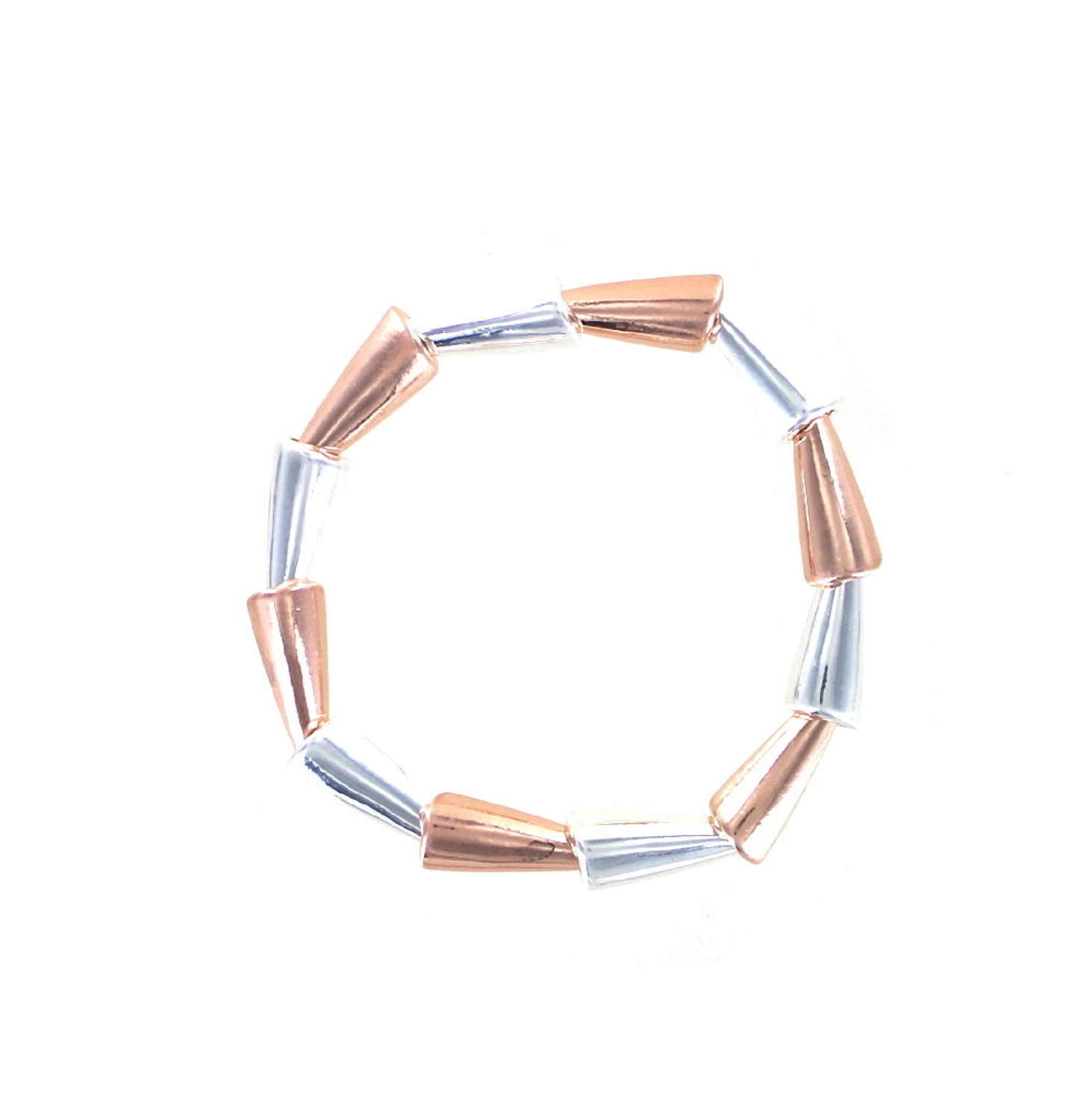 Rose gold and silver tone multi panel elasticated bracelet.