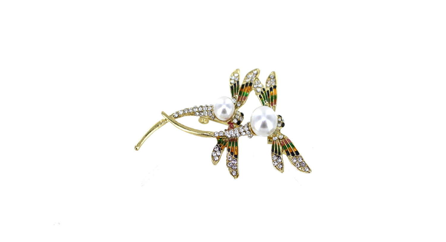 Double dragonfly brooch with diamanté and faux pearl detail.