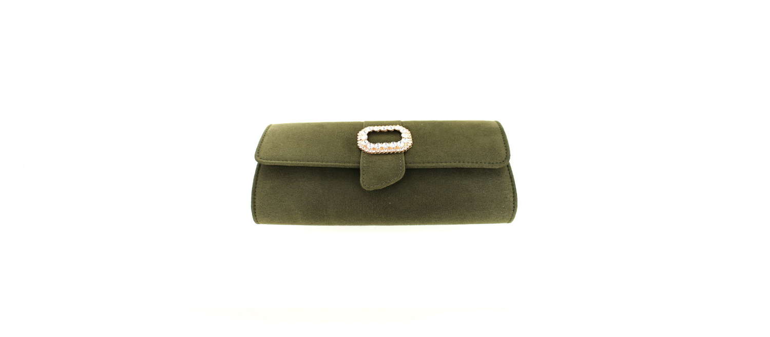 Textured olive green evening bag with buckle detail.