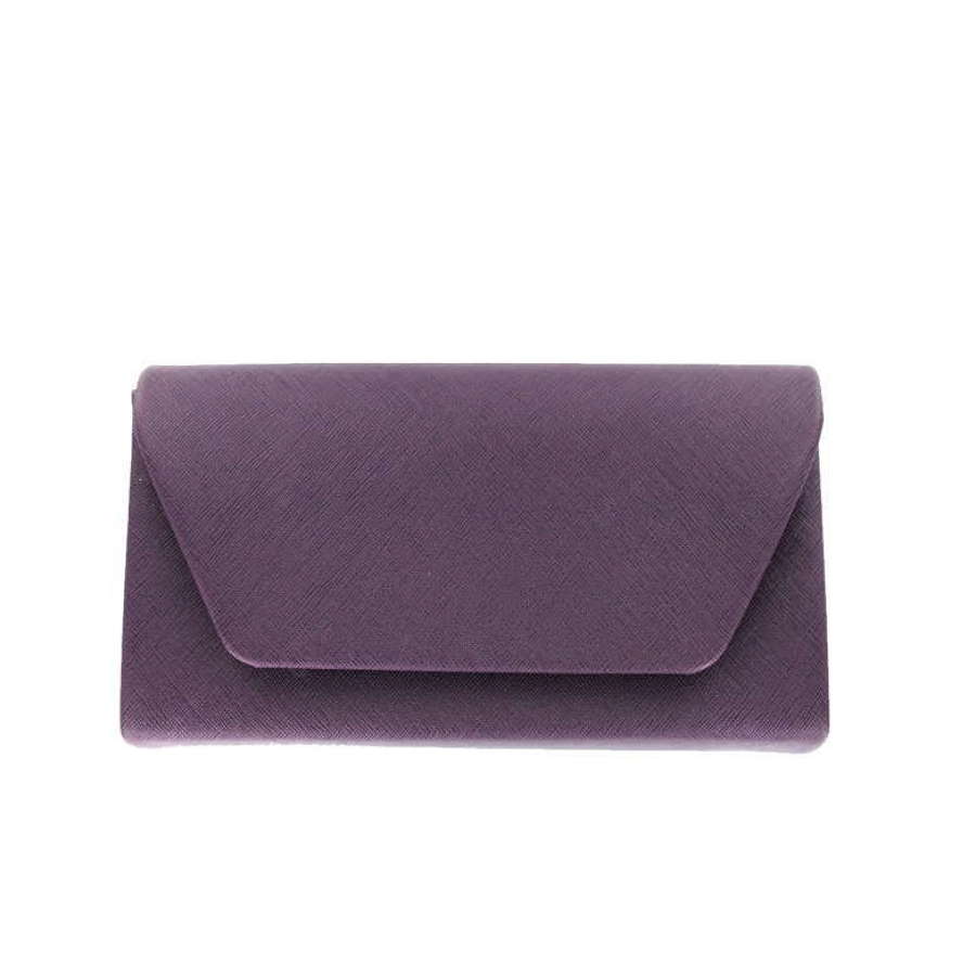 Purple textured evening bag with magnetic fastener.