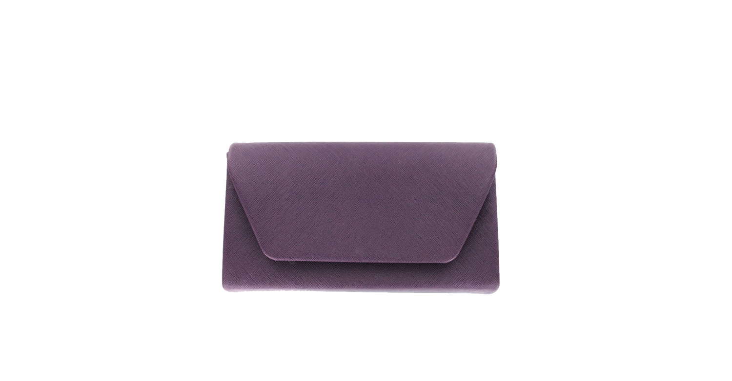 Purple textured evening bag with magnetic fastener.