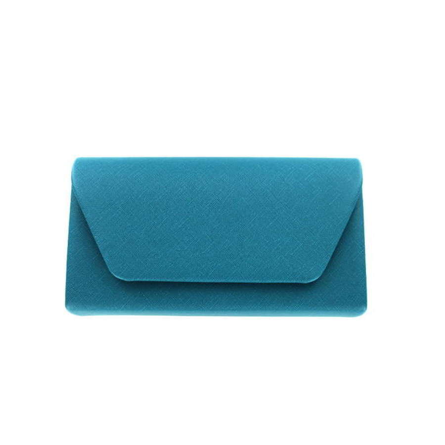 Teal textured evening bag with magnetic fastener.