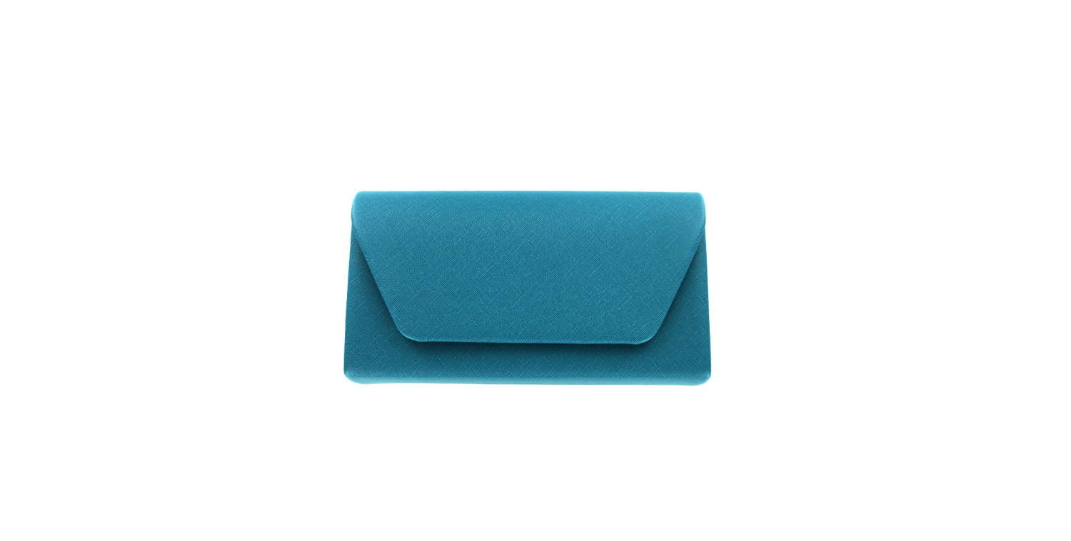 Teal textured evening bag with magnetic fastener.