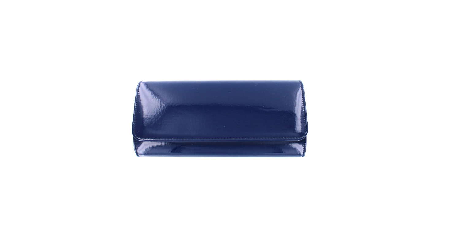 Navy patent evening bag with magnetic fastener.