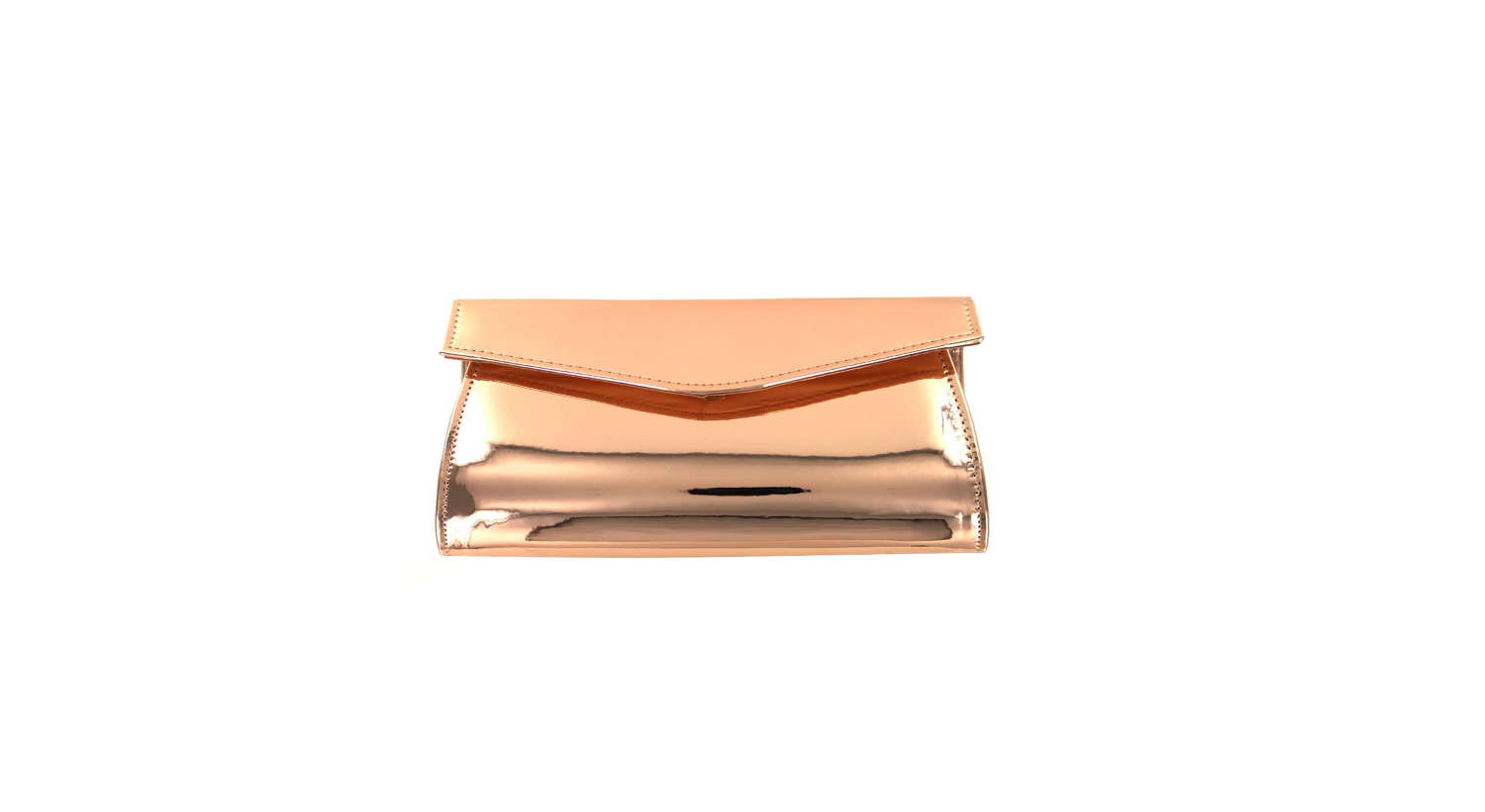Mirrored rose gold evening bag with magnetic fastener.