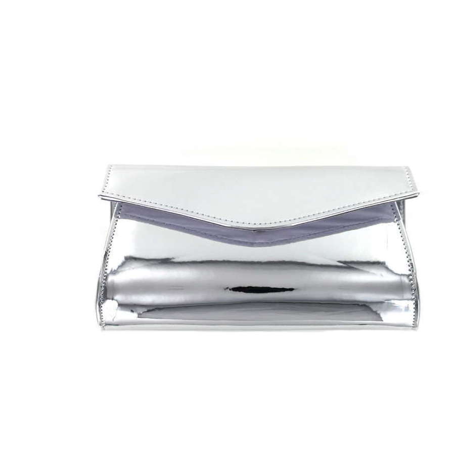 Silver mirrored evening bag with magnetic fastener.