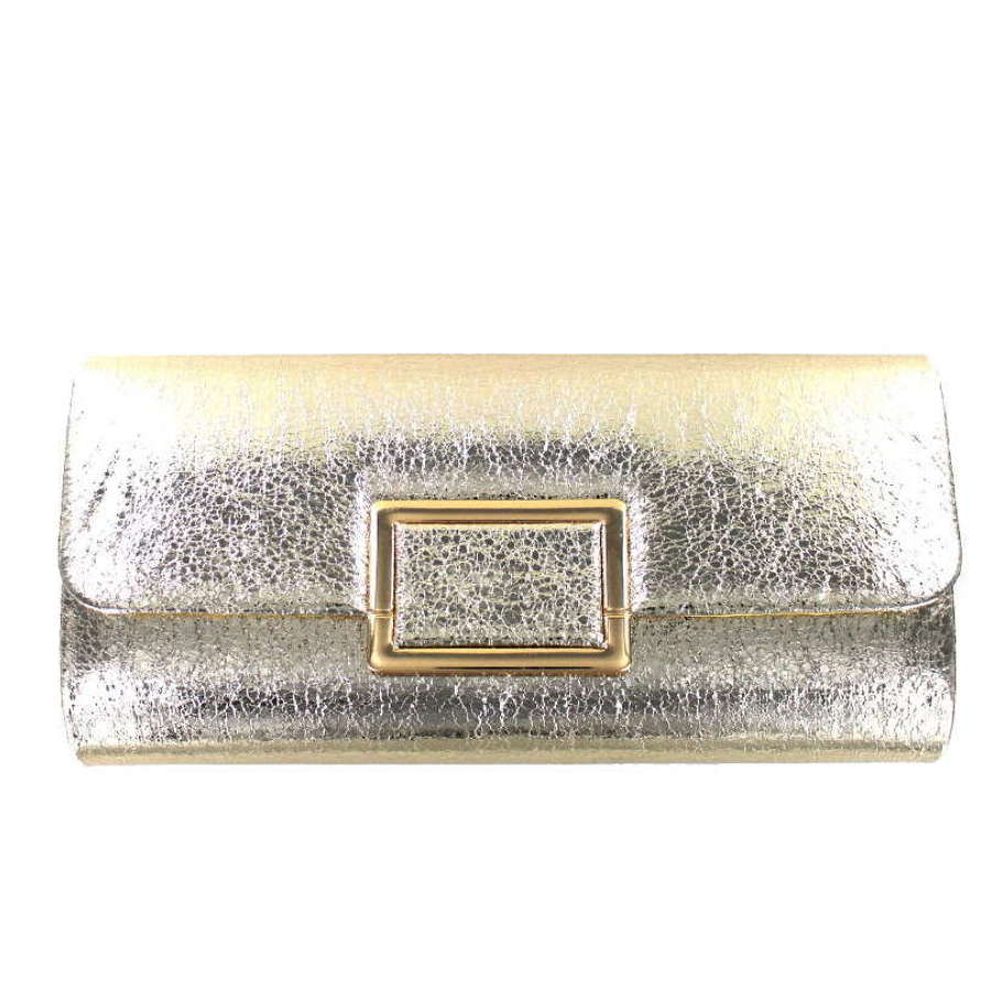 Metallic gold evening bag with gold tone metal buckle detail.