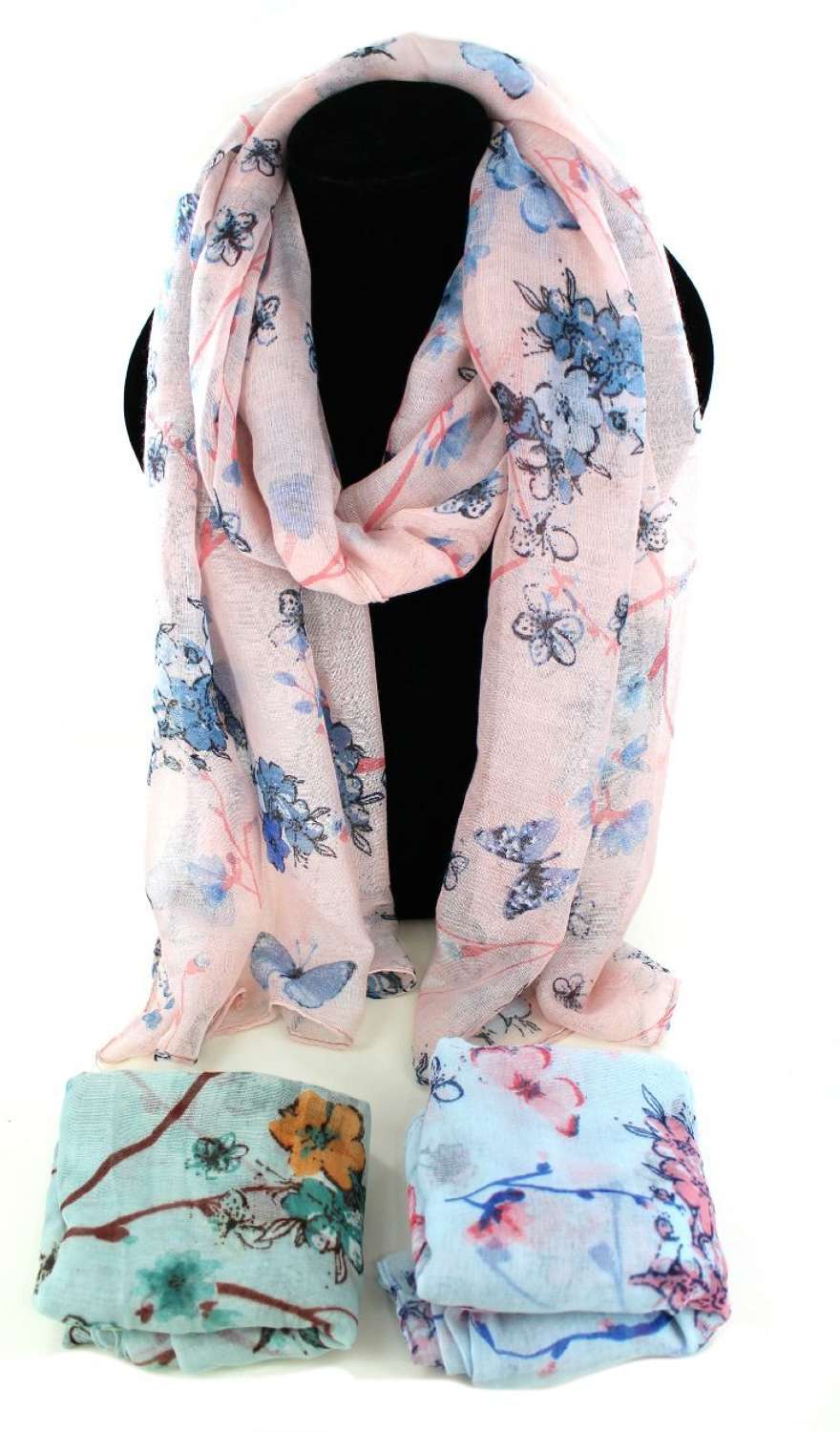 Floral print pastel coloured scarf.
