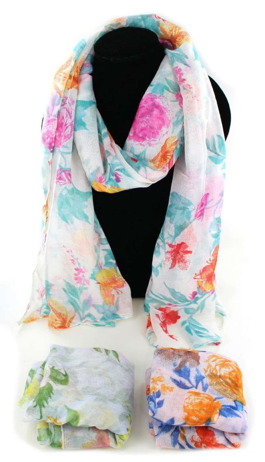 Brightly coloured floral print scarf.