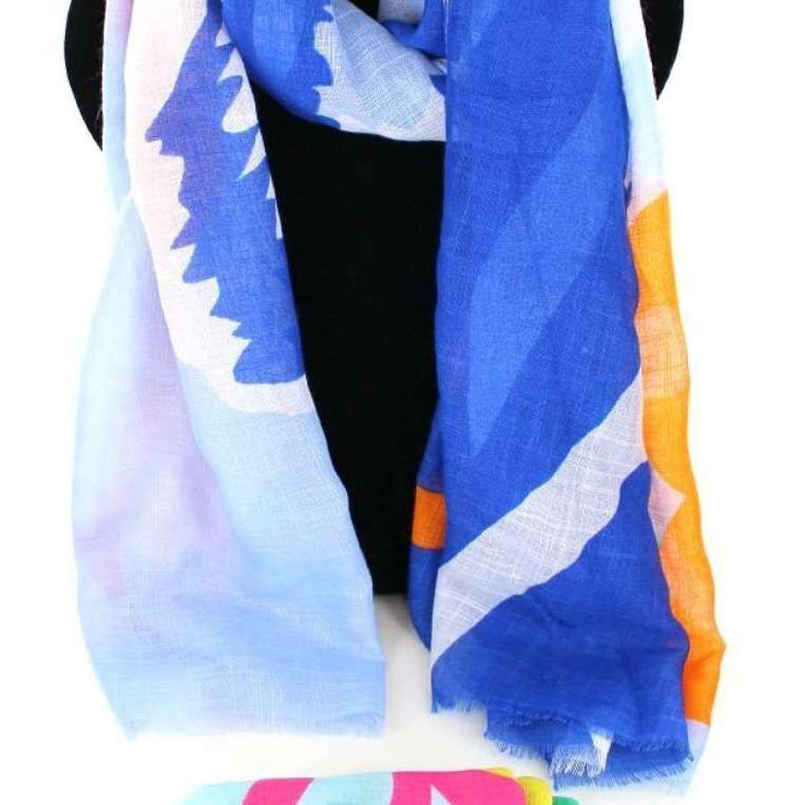 Brightly coloured abstract print scarf.