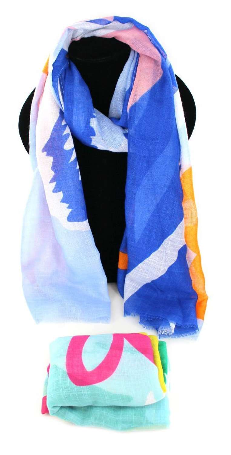 Brightly coloured abstract print scarf.