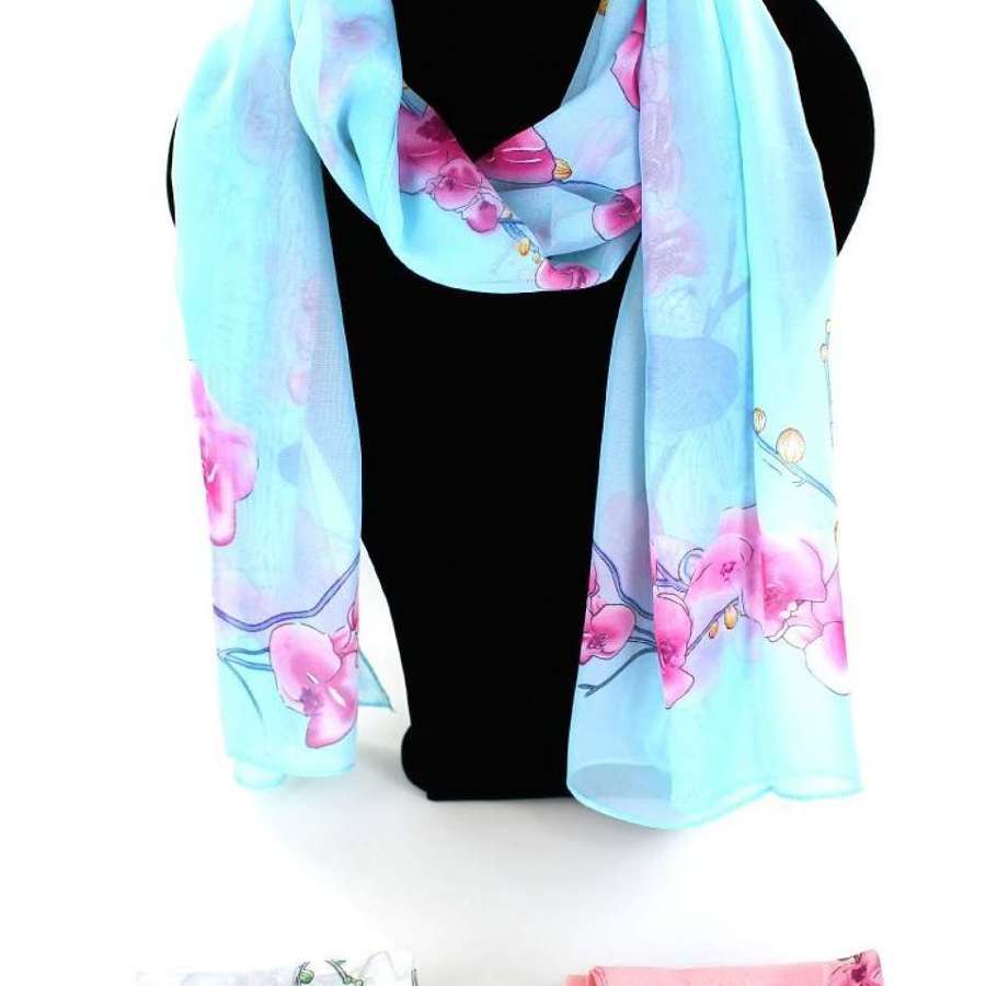 Brightly coloured floral pattern scarf.