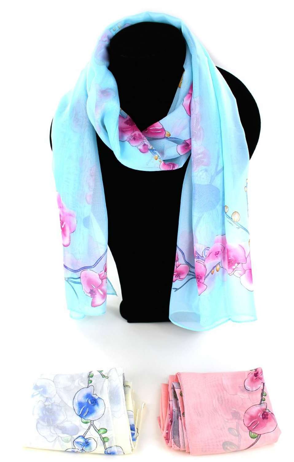 Brightly coloured floral pattern scarf.