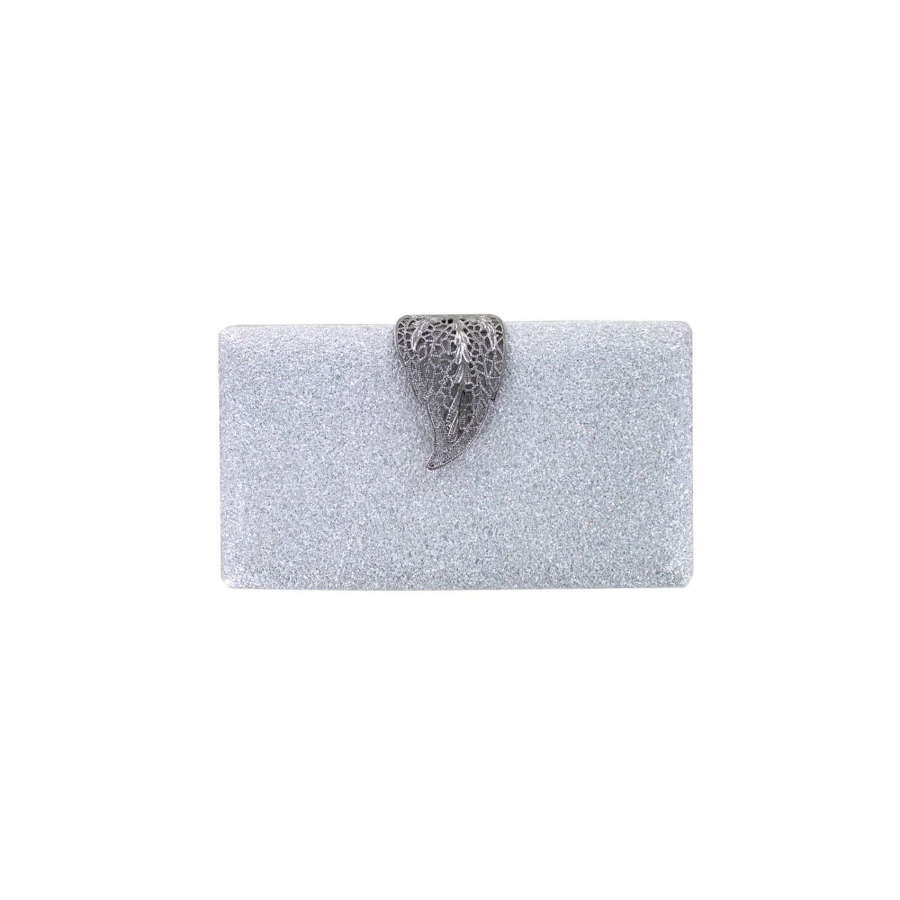 Silver tone glitter effect evening bag with angel wing clasp fastener.