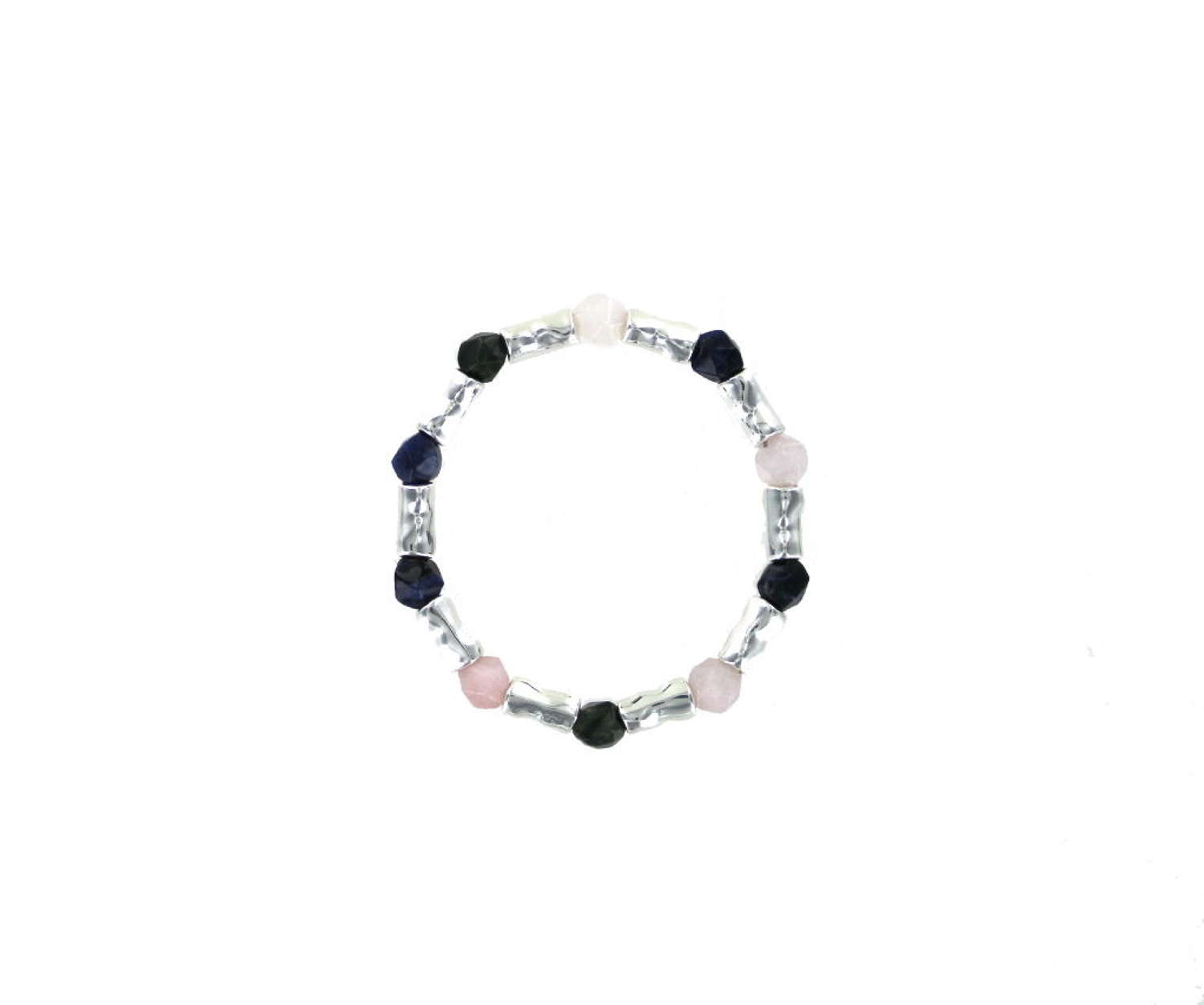Natural stone bead and silver tone elasticated bracelet.