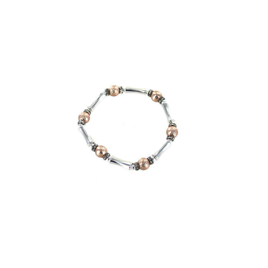 Rose gold tone and silver tone elasticated beaded bracelet.