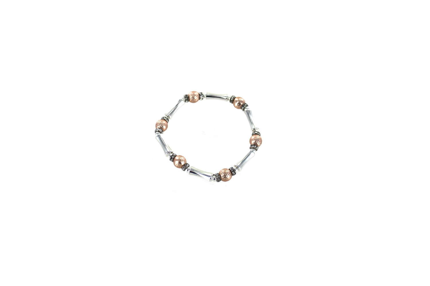 Rose gold tone and silver tone elasticated beaded bracelet.