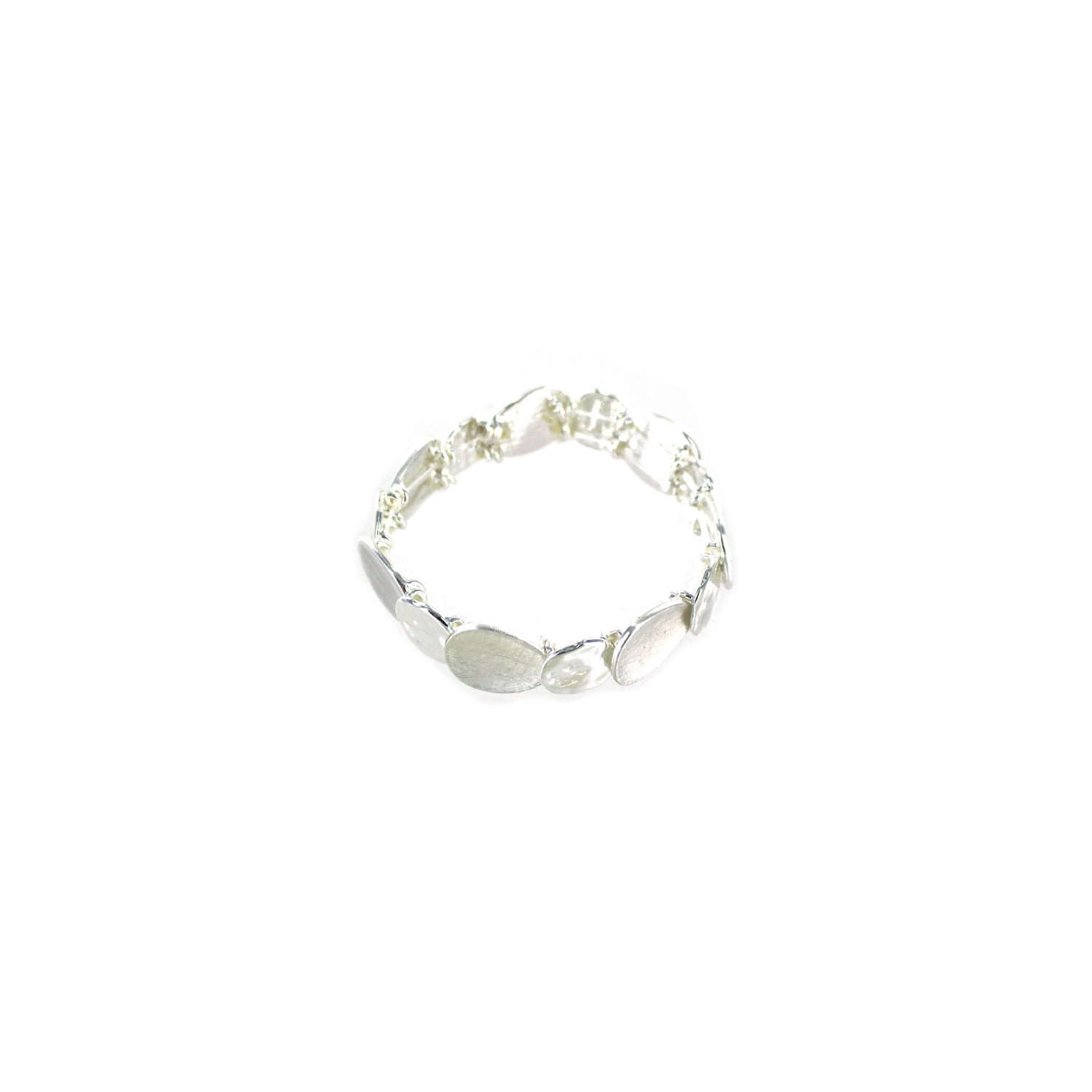 Silver tone multi panel elasticated bracelet.