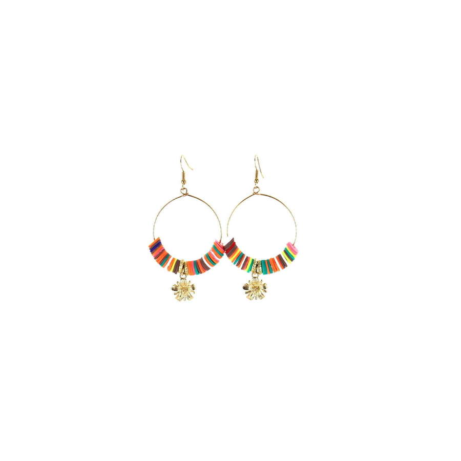 Multi coloured hoop earring with gold tone flower drop detail.